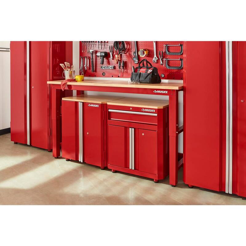 Mesa de trabajo Husky de 6 pies con altura ajustable y cubierta de madera sólida en color rojo para el sistema de almacenamiento de garaje de acero listo para armar - G7200SR-US