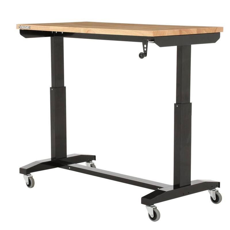 Mesa de trabajo negra Husky de 46 pulgadas de ancho por 24 pulgadas de profundidad con altura ajustable y parte superior de madera sólida - HOLT46XDB12