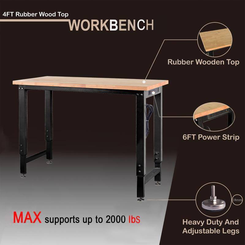 Mesa de trabajo con parte superior de madera ajustable de altura de 48 pulgadas de ancho por 20 pulgadas de profundidad en color negro - CT-4FT-GS