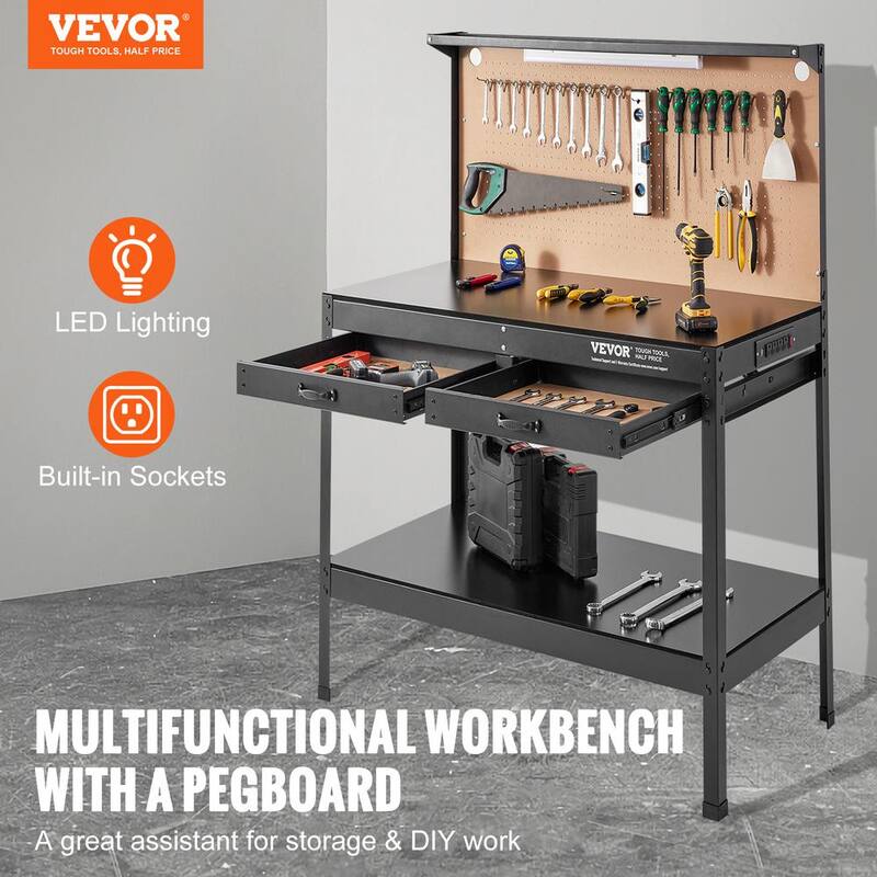 VEVOR Banco de trabajo de acero de servicio pesado de 2 cajones de 47 pulgadas de ancho x 24 pulgadas de profundidad en negro Capacidad de carga de 220 libras con tablero perforado - DGB48X24INCHLAB5SV1