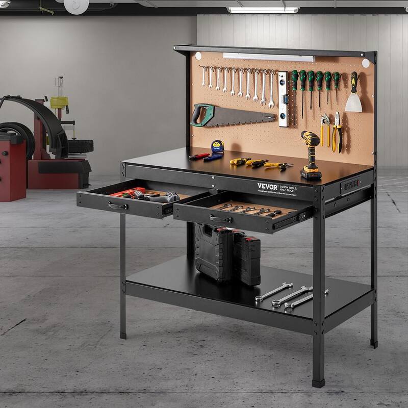 VEVOR Banco de trabajo de acero de servicio pesado de 2 cajones de 47 pulgadas de ancho x 24 pulgadas de profundidad en negro Capacidad de carga de 220 libras con tablero perforado - DGB48X24INCHLAB5SV1