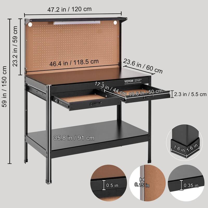 VEVOR Banco de trabajo de acero de servicio pesado de 2 cajones de 47 pulgadas de ancho x 24 pulgadas de profundidad en negro Capacidad de carga de 220 libras con tablero perforado - DGB48X24INCHLAB5SV1