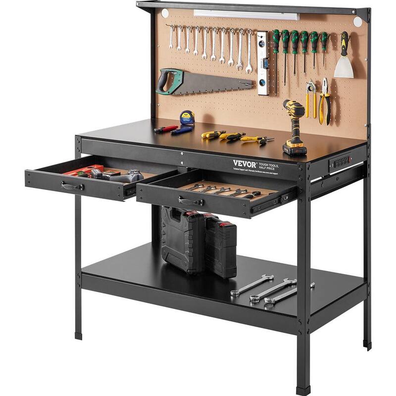 VEVOR Banco de trabajo de acero de servicio pesado de 2 cajones de 47 pulgadas de ancho x 24 pulgadas de profundidad en negro Capacidad de carga de 220 libras con tablero perforado - DGB48X24INCHLAB5SV1