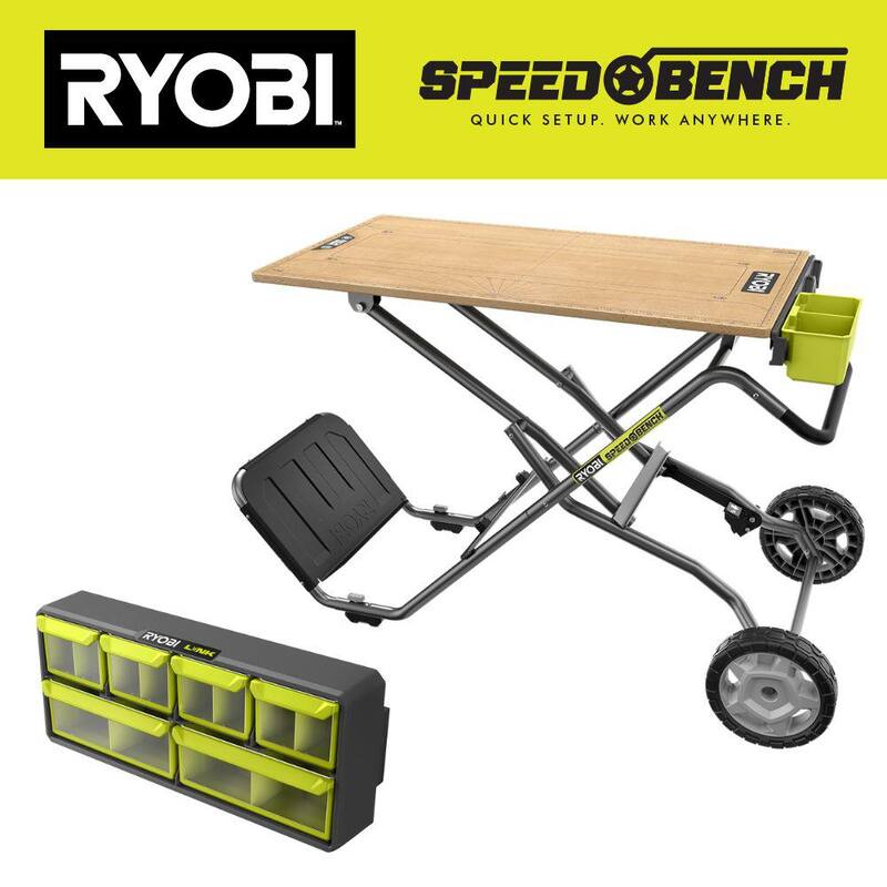 Banco de trabajo móvil RYOBI Speed Bench de 23 pulgadas de ancho por 20 pulgadas de profundidad con organizador de pequeñas piezas de 12 compartimentos LINK - STM202-STM309