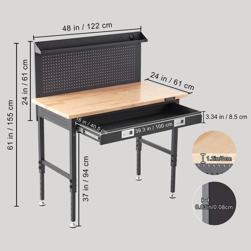 VEVOR 48 pulgadas de ancho x 24 pulgadas de fondo Banco de trabajo de acero al carbono resistente con altura ajustable y panel perforado - DGBG48X24INCHD1NXV1
