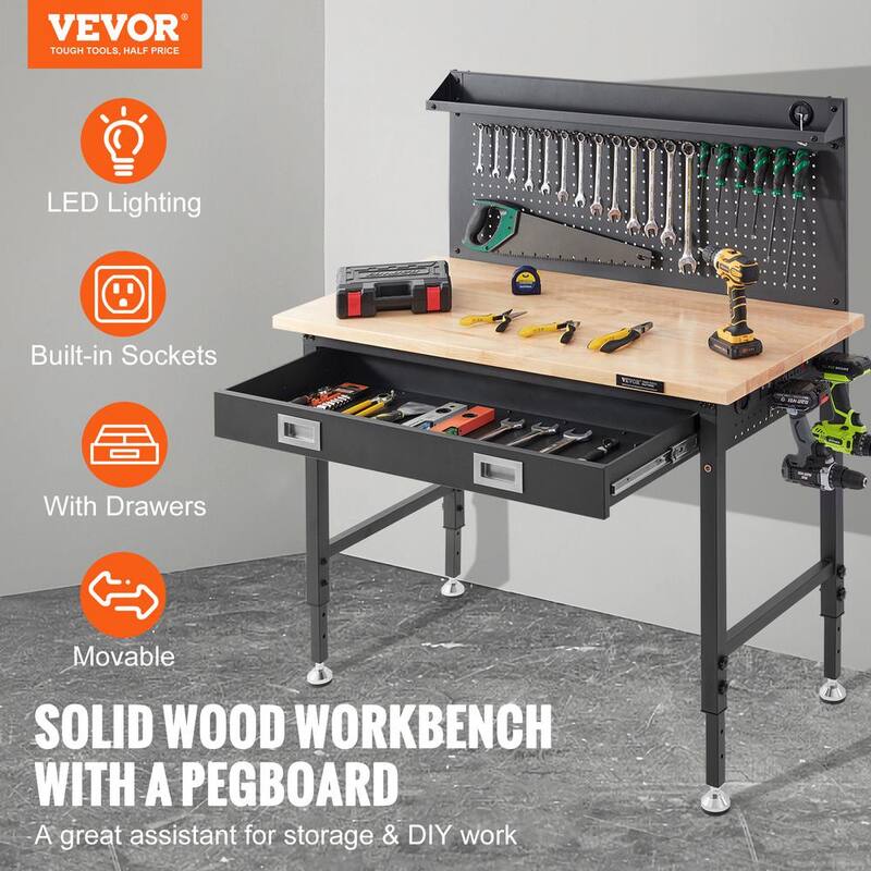VEVOR 48 pulgadas de ancho x 24 pulgadas de fondo Banco de trabajo de acero al carbono resistente con altura ajustable y panel perforado - DGBG48X24INCHD1NXV1