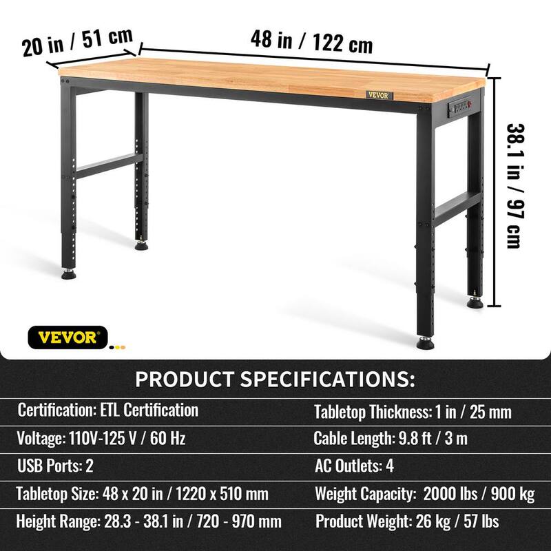 Banco de trabajo ajustable con altura de 48 pulgadas de ancho x 20 pulgadas de profundidad con capacidad de 2000 lbs. - SMKDJGZTBDLZM49YLV1-805