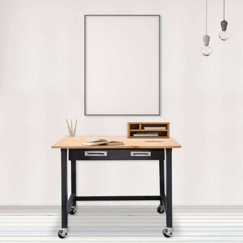 Banco de trabajo Seville Classics de 48 pulgadas de ancho x 25 pulgadas de profundidad con ruedas y 1 cajón en la parte superior de madera en color grafito negro - WEB484