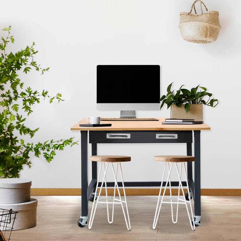 Banco de trabajo Seville Classics de 48 pulgadas de ancho x 25 pulgadas de profundidad con ruedas y 1 cajón en la parte superior de madera en color grafito negro - WEB484