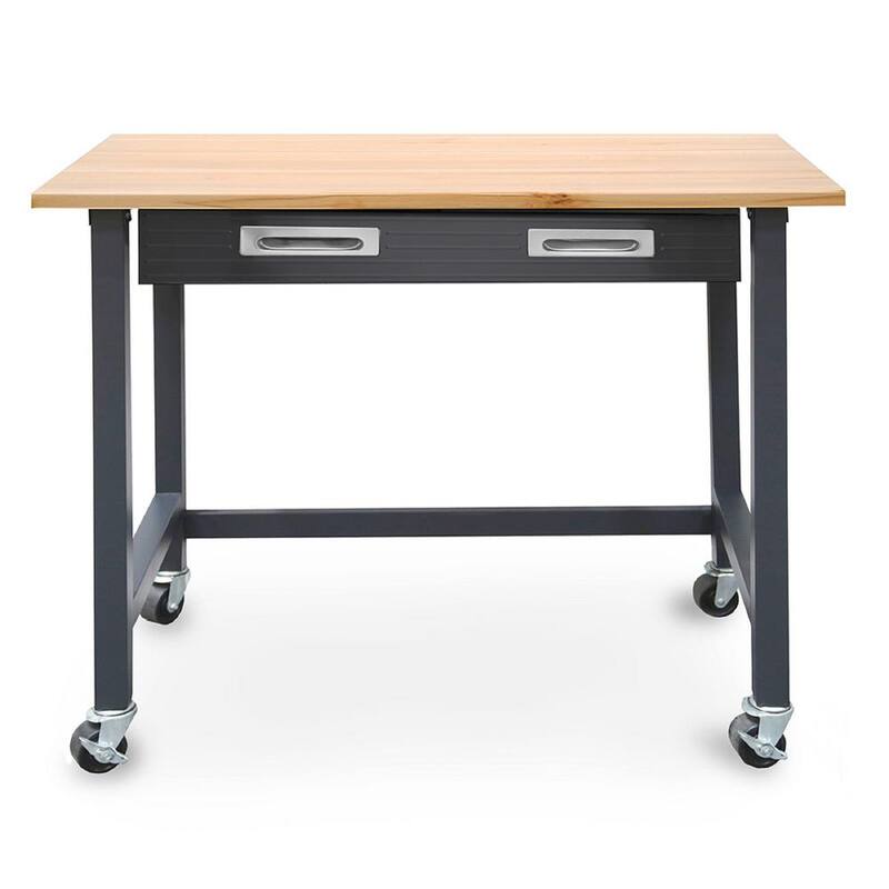 Banco de trabajo Seville Classics de 48 pulgadas de ancho x 25 pulgadas de profundidad con ruedas y 1 cajón en la parte superior de madera en color grafito negro - WEB484
