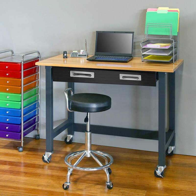 Banco de trabajo Seville Classics de 48 pulgadas de ancho x 25 pulgadas de profundidad con ruedas y 1 cajón en la parte superior de madera en color grafito negro - WEB484