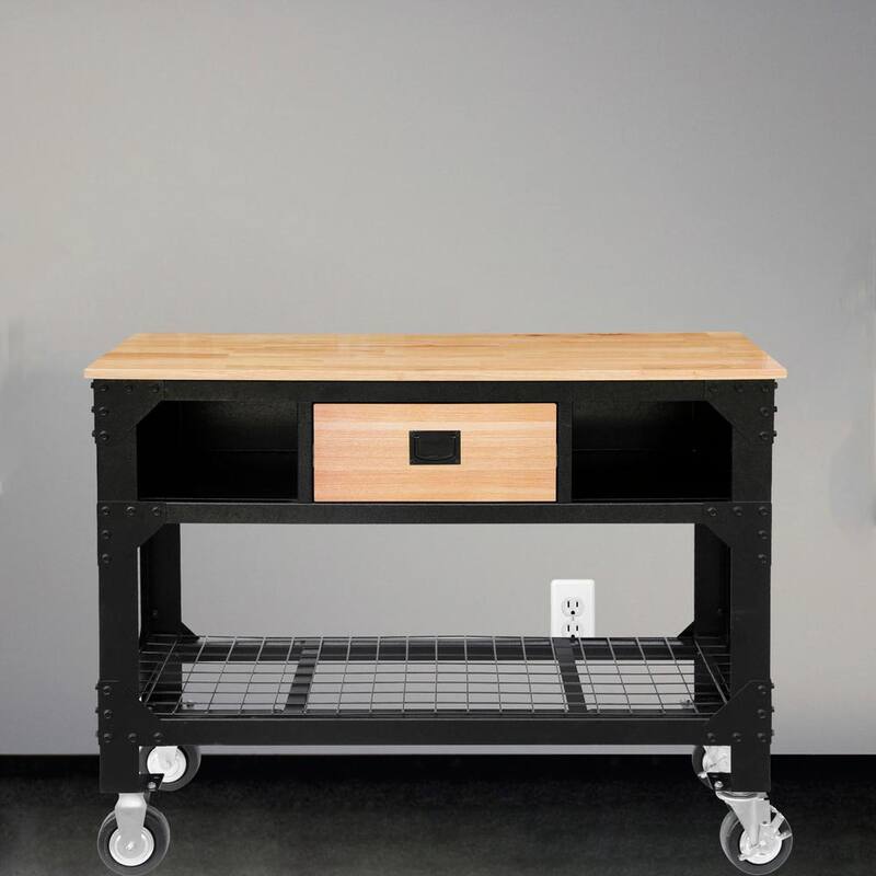 Banco de trabajo rodante con 1 cajón de 48 pulgadas de ancho x 19 pulgadas de profundidad con tapa de madera y ruedas bloqueables - 410-331-0111