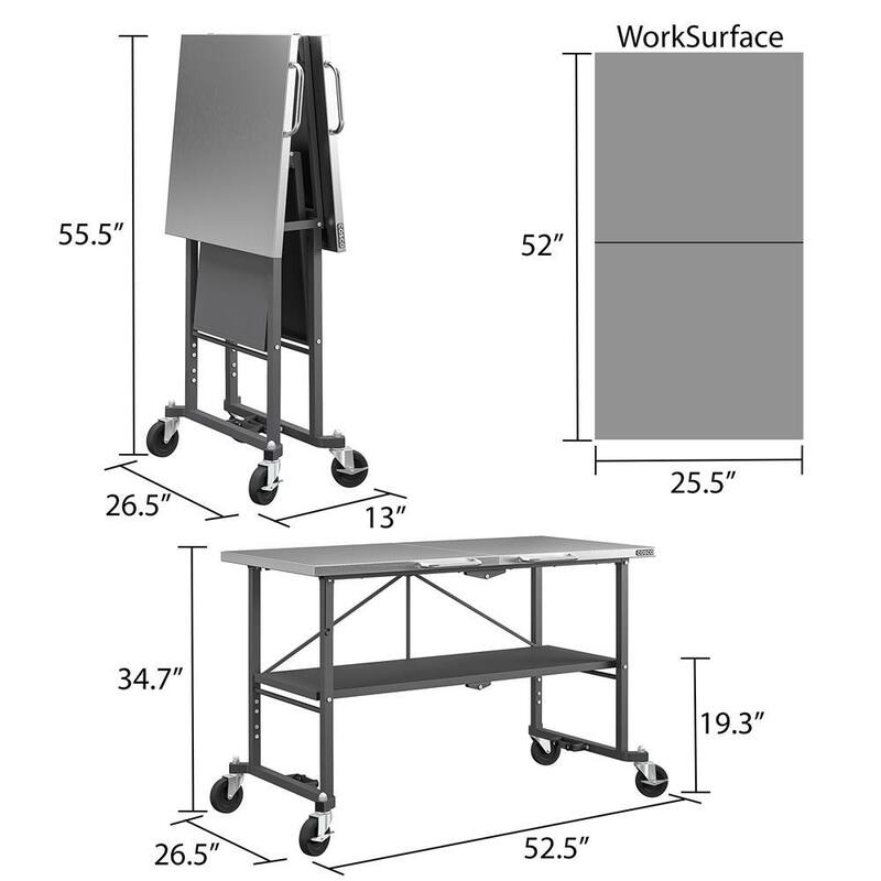 Banco de trabajo plegable Inteligente Cosco de 51 pulgadas de ancho x 27 pulgadas de profundidad con parte superior de acero inoxidable y ruedas bloqueables - 66771DKG1E