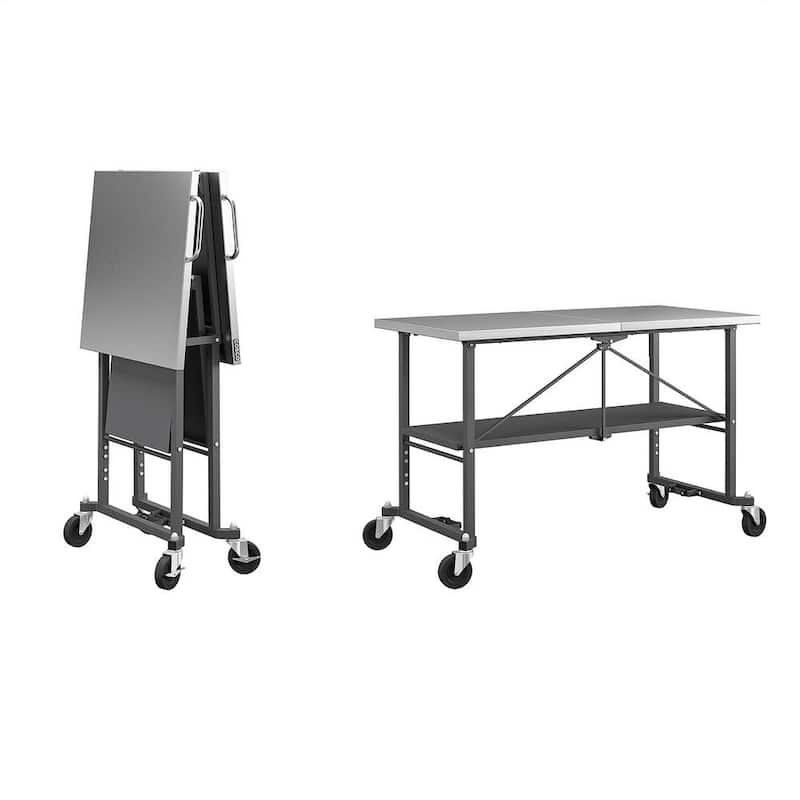 Banco de trabajo plegable Inteligente Cosco de 51 pulgadas de ancho x 27 pulgadas de profundidad con parte superior de acero inoxidable y ruedas bloqueables - 66771DKG1E