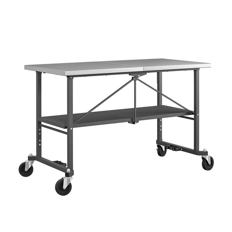 Banco de trabajo plegable Inteligente Cosco de 51 pulgadas de ancho x 27 pulgadas de profundidad con parte superior de acero inoxidable y ruedas bloqueables - 66771DKG1E