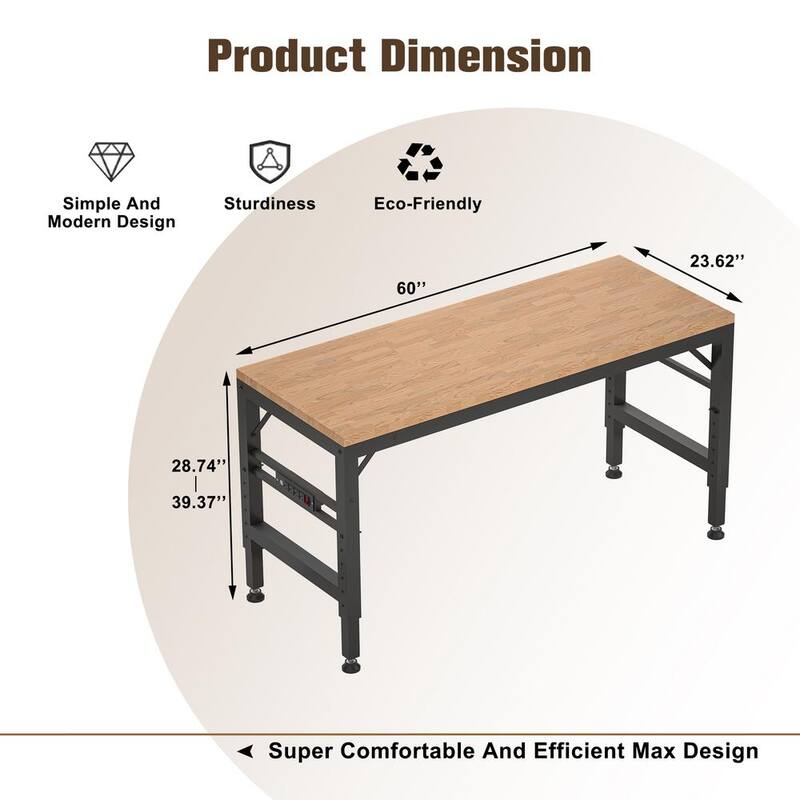 Mesa de trabajo ajustable de servicio pesado Thanaddo de 60 pulgadas x 23 pulgadas con encimera de madera de caucho y estructura de acero, capacidad de carga de 2000 lbs.