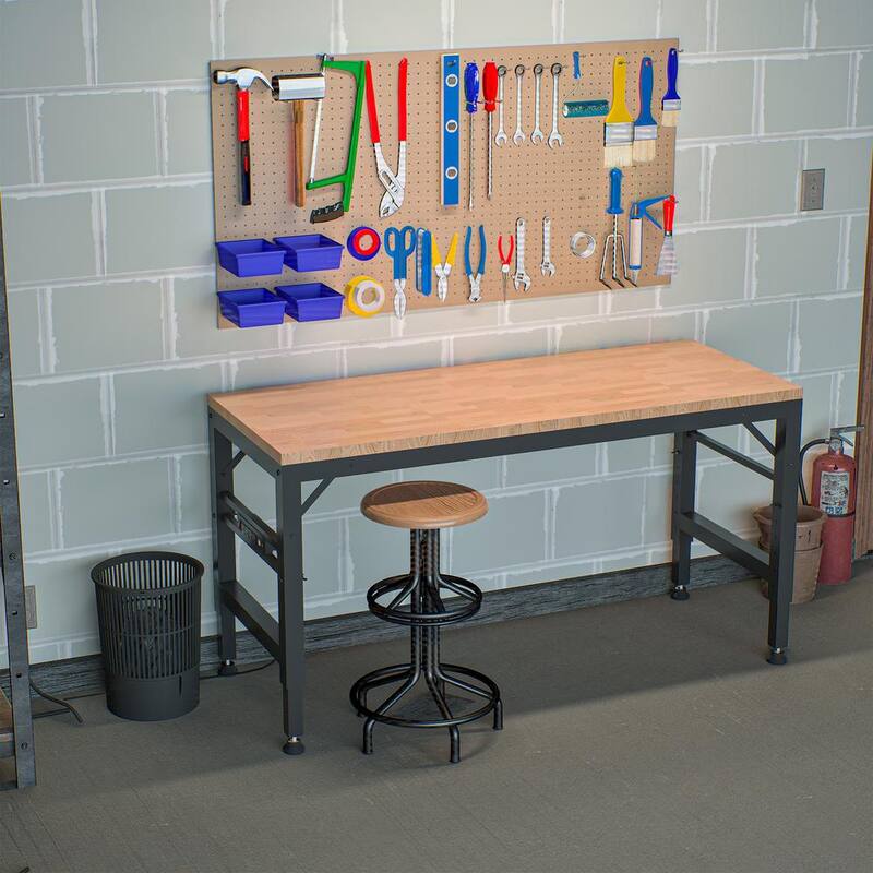 Mesa de trabajo ajustable de servicio pesado Thanaddo de 60 pulgadas x 23 pulgadas con encimera de madera de caucho y estructura de acero, capacidad de carga de 2000 lbs.