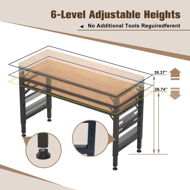 Mesa de trabajo ajustable de servicio pesado Thanaddo de 60 pulgadas x 23 pulgadas con encimera de madera de caucho y estructura de acero, capacidad de carga de 2000 lbs.