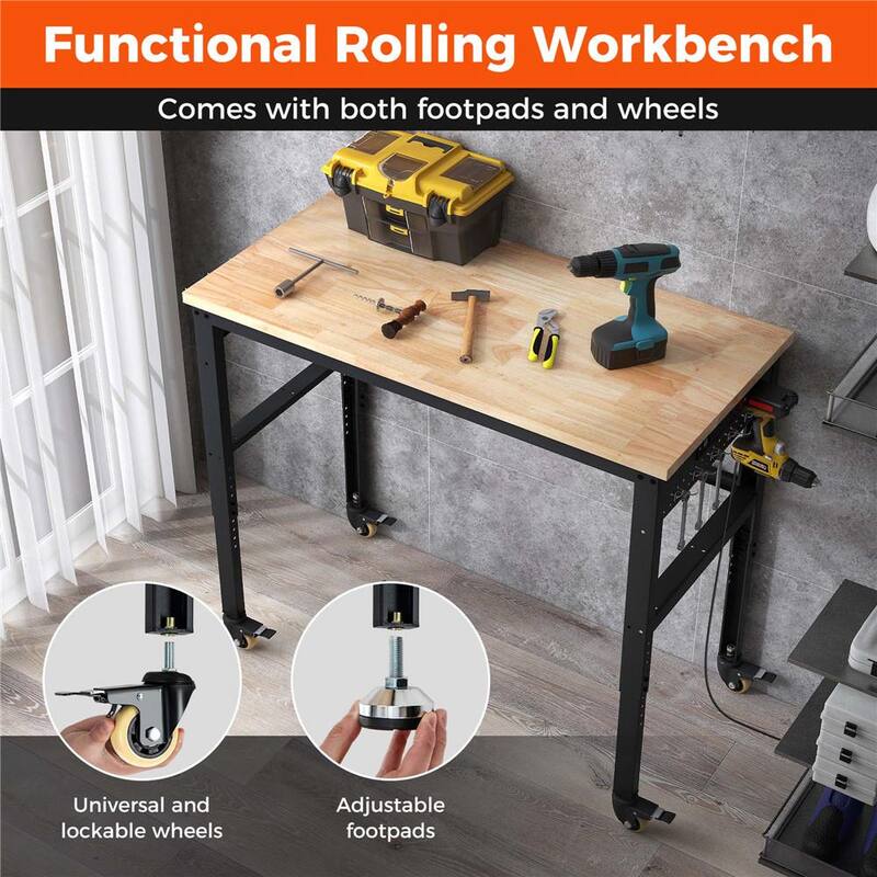 Banco de trabajo ajustable de 48 pulgadas de ancho por 24 pulgadas de profundidad con parte superior de madera de roble macizo - TH10020NA