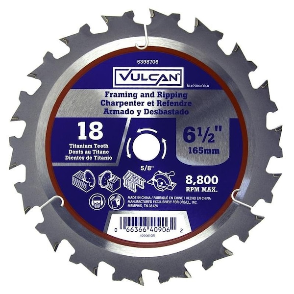 Vulcan Circular Saw Blade, 6-1/2 in Dia, 5/8 in Arbor - 409061OR
