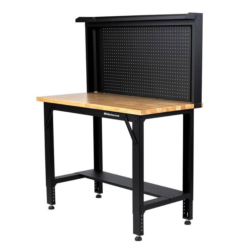 Mesa de trabajo de acero con altura ajustable de 42 pulgadas de ancho x 24 pulgadas de profundidad con superficie de madera sólida y panel perforado - MWB482454B