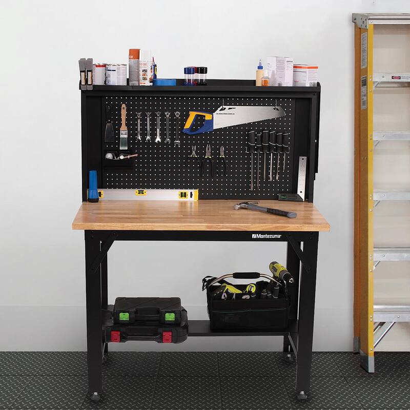 Mesa de trabajo de acero con altura ajustable de 42 pulgadas de ancho x 24 pulgadas de profundidad con superficie de madera sólida y panel perforado - MWB482454B