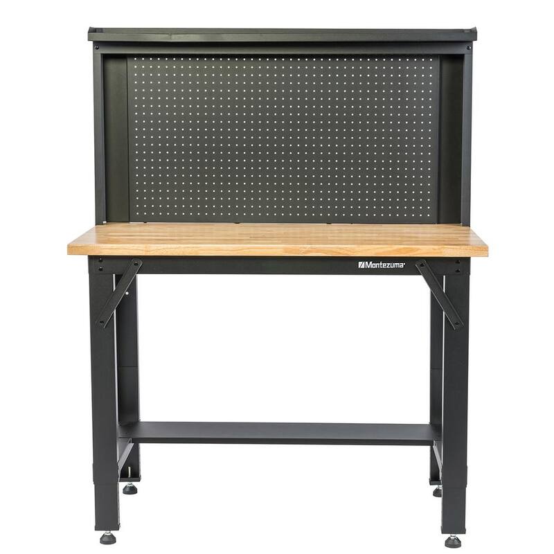 Mesa de trabajo de acero con altura ajustable de 42 pulgadas de ancho x 24 pulgadas de profundidad con superficie de madera sólida y panel perforado - MWB482454B