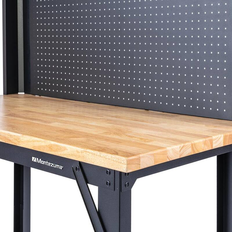 Mesa de trabajo de acero con altura ajustable de 42 pulgadas de ancho x 24 pulgadas de profundidad con superficie de madera sólida y panel perforado - MWB482454B