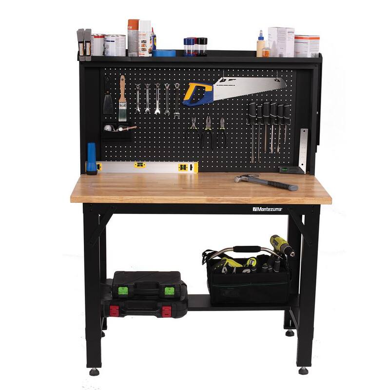 Mesa de trabajo de acero con altura ajustable de 42 pulgadas de ancho x 24 pulgadas de profundidad con superficie de madera sólida y panel perforado - MWB482454B