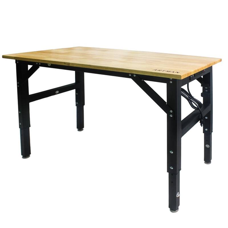 Mesa de trabajo ajustable de metal negro GOGEXX de 48 pulgadas de ancho por 24 pulgadas de profundidad con parte superior de madera maciza, bancada con 4 tomas de corriente/2 puertos USB - WT-09607-CMM