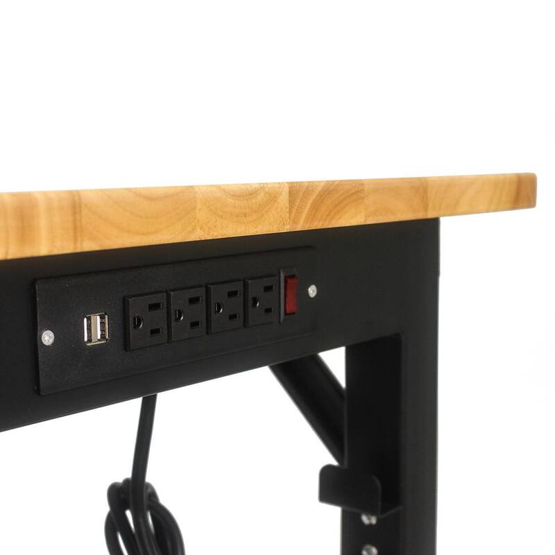 Mesa de trabajo ajustable de metal negro GOGEXX de 48 pulgadas de ancho por 24 pulgadas de profundidad con parte superior de madera maciza, bancada con 4 tomas de corriente/2 puertos USB - WT-09607-CMM