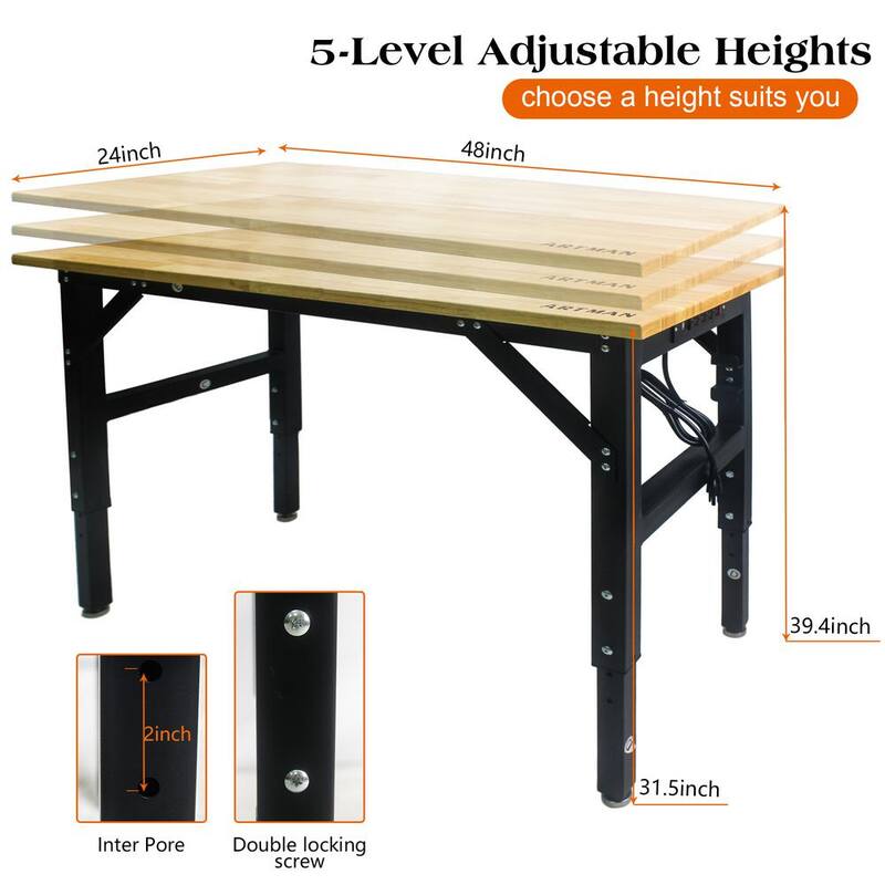 Mesa de trabajo ajustable de metal negro GOGEXX de 48 pulgadas de ancho por 24 pulgadas de profundidad con parte superior de madera maciza, bancada con 4 tomas de corriente/2 puertos USB - WT-09607-CMM