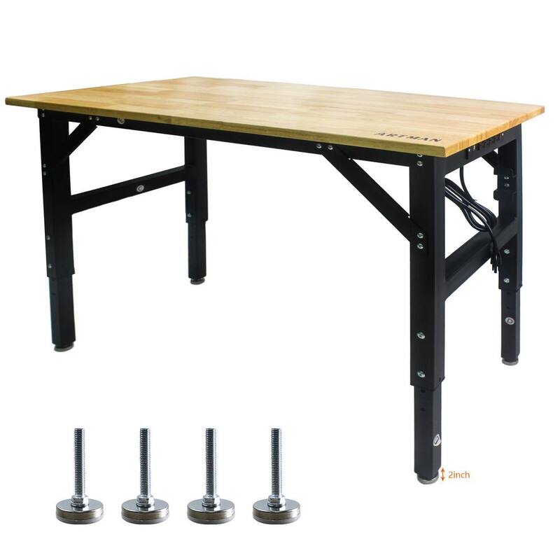Mesa de trabajo ajustable de metal negro GOGEXX de 48 pulgadas de ancho por 24 pulgadas de profundidad con parte superior de madera maciza, bancada con 4 tomas de corriente/2 puertos USB - WT-09607-CMM