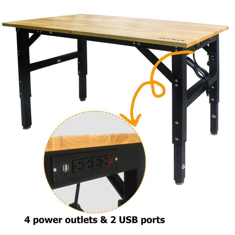 Mesa de trabajo ajustable de metal negro GOGEXX de 48 pulgadas de ancho por 24 pulgadas de profundidad con parte superior de madera maciza, bancada con 4 tomas de corriente/2 puertos USB - WT-09607-CMM