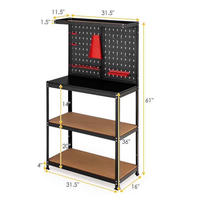 Almacenamiento de herramientas Costway 32 pulgadas W x 16 pulgadas D Banco de trabajo de 4 estantes para garaje multifuncional con kit de ganchos de tablero de clavijas - P12I-10NG36DK