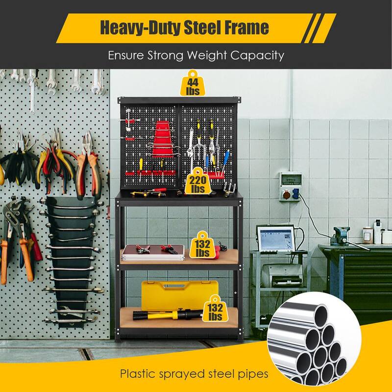 Almacenamiento de herramientas Costway 32 pulgadas W x 16 pulgadas D Banco de trabajo de 4 estantes para garaje multifuncional con kit de ganchos de tablero de clavijas - P12I-10NG36DK