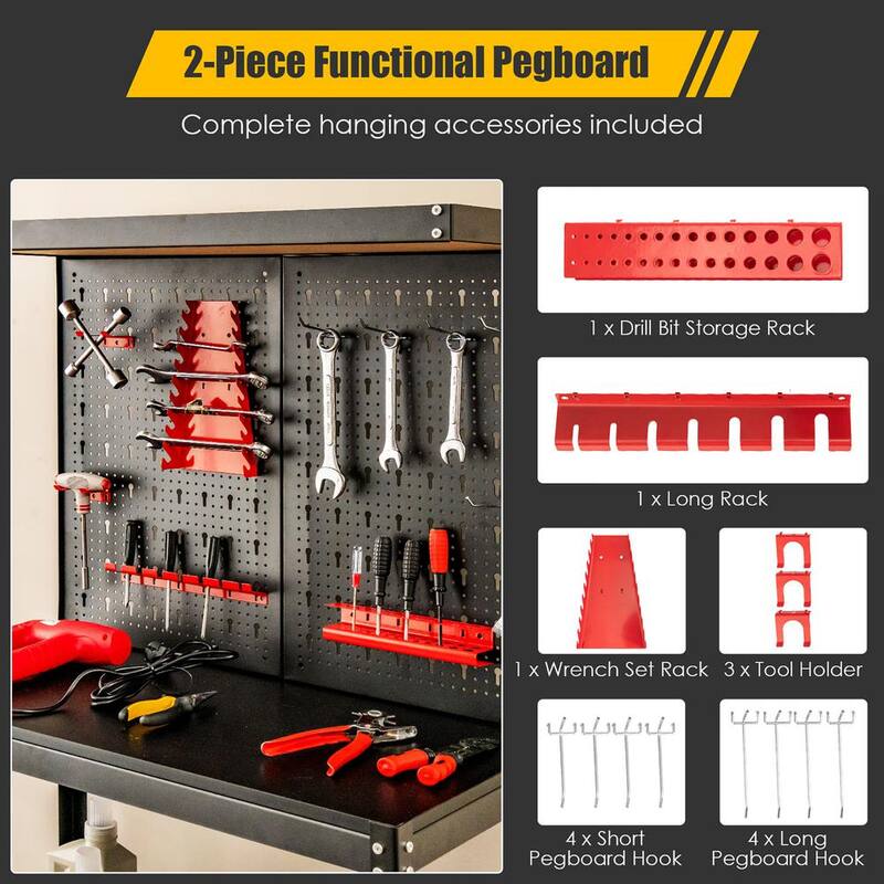 Almacenamiento de herramientas Costway 32 pulgadas W x 16 pulgadas D Banco de trabajo de 4 estantes para garaje multifuncional con kit de ganchos de tablero de clavijas - P12I-10NG36DK