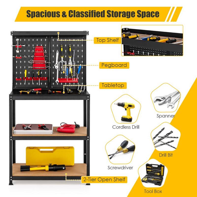 Almacenamiento de herramientas Costway 32 pulgadas W x 16 pulgadas D Banco de trabajo de 4 estantes para garaje multifuncional con kit de ganchos de tablero de clavijas - P12I-10NG36DK