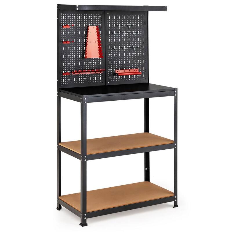 Almacenamiento de herramientas Costway 32 pulgadas W x 16 pulgadas D Banco de trabajo de 4 estantes para garaje multifuncional con kit de ganchos de tablero de clavijas - P12I-10NG36DK