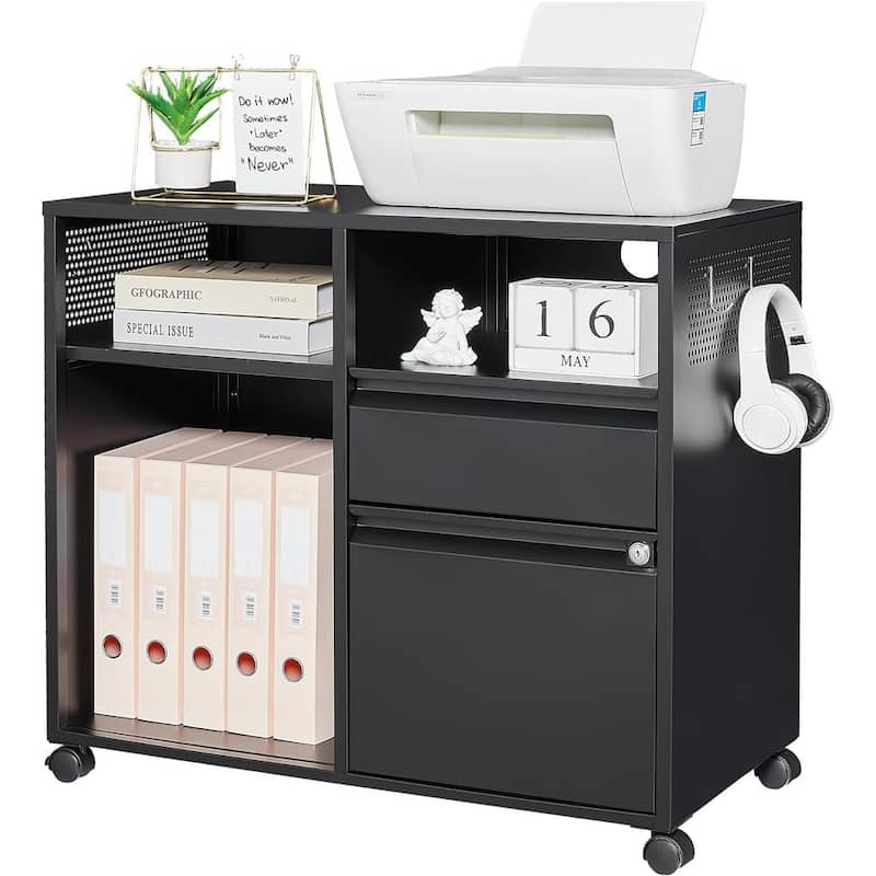 Soporte rodante lateral de impresora de metal LISSIMO de 31.5" de ancho x 16.7" de profundidad con archiveros y estantes para oficina-almacenamiento A4/F4/Carta/Legal - WDBZH2023229B