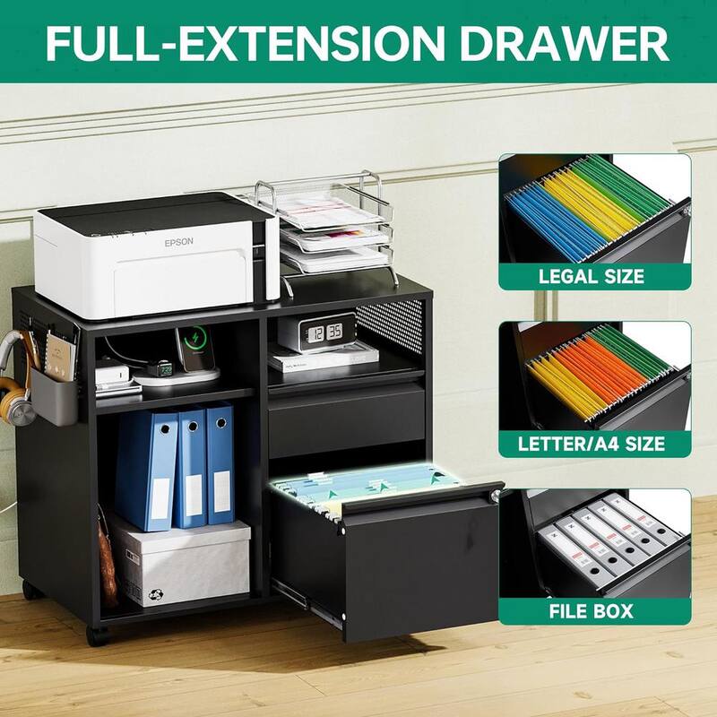 Soporte rodante lateral de impresora de metal LISSIMO de 31.5" de ancho x 16.7" de profundidad con archiveros y estantes para oficina-almacenamiento A4/F4/Carta/Legal - WDBZH2023229B
