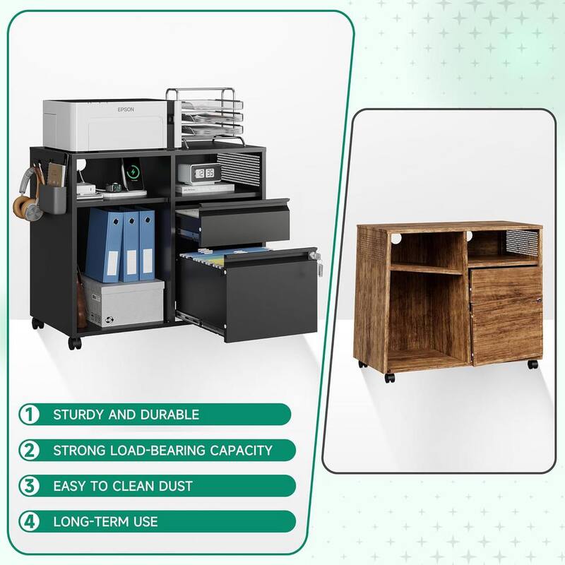 Soporte rodante lateral de impresora de metal LISSIMO de 31.5" de ancho x 16.7" de profundidad con archiveros y estantes para oficina-almacenamiento A4/F4/Carta/Legal - WDBZH2023229B