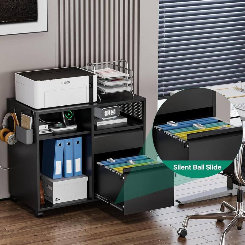 Soporte rodante lateral de impresora de metal LISSIMO de 31.5" de ancho x 16.7" de profundidad con archiveros y estantes para oficina-almacenamiento A4/F4/Carta/Legal - WDBZH2023229B
