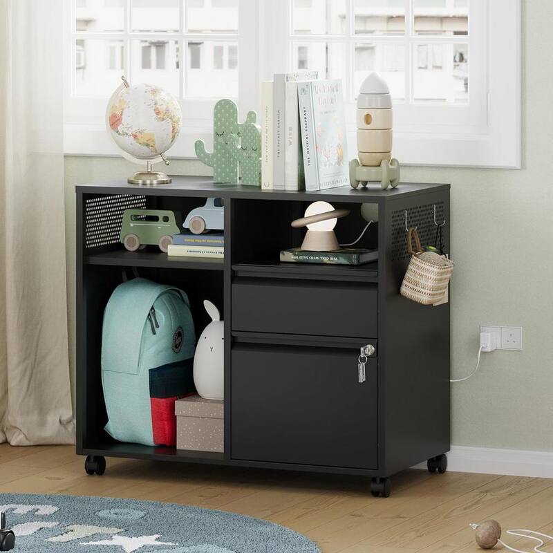 Soporte rodante lateral de impresora de metal LISSIMO de 31.5" de ancho x 16.7" de profundidad con archiveros y estantes para oficina-almacenamiento A4/F4/Carta/Legal - WDBZH2023229B