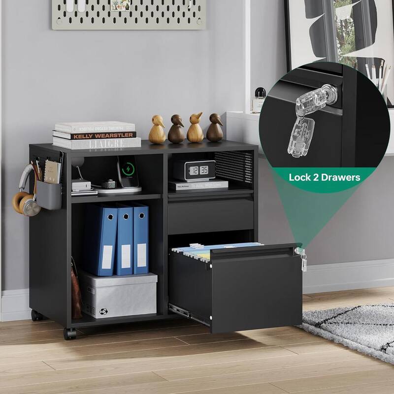Soporte rodante lateral de impresora de metal LISSIMO de 31.5" de ancho x 16.7" de profundidad con archiveros y estantes para oficina-almacenamiento A4/F4/Carta/Legal - WDBZH2023229B