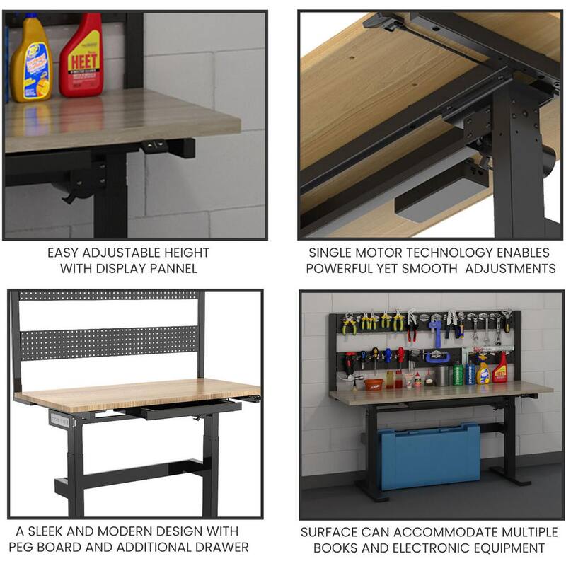 Banco de trabajo motorizado de madera natural Hanover de 47 pulgadas de ancho por 23 pulgadas de profundidad con alturas ajustables y tablero de clavijas - HGS001-BLK