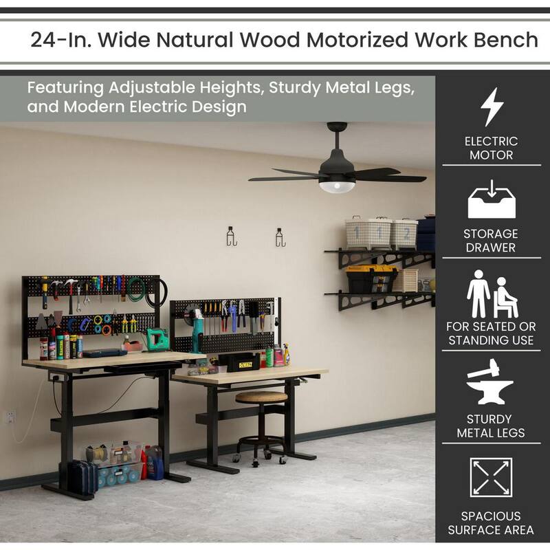 Banco de trabajo motorizado de madera natural Hanover de 47 pulgadas de ancho por 23 pulgadas de profundidad con alturas ajustables y tablero de clavijas - HGS001-BLK