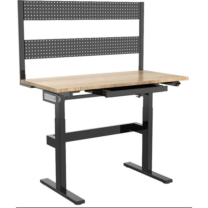 Banco de trabajo motorizado de madera natural Hanover de 47 pulgadas de ancho por 23 pulgadas de profundidad con alturas ajustables y tablero de clavijas - HGS001-BLK