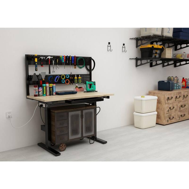 Banco de trabajo motorizado de madera natural Hanover de 47 pulgadas de ancho por 23 pulgadas de profundidad con alturas ajustables y tablero de clavijas - HGS001-BLK
