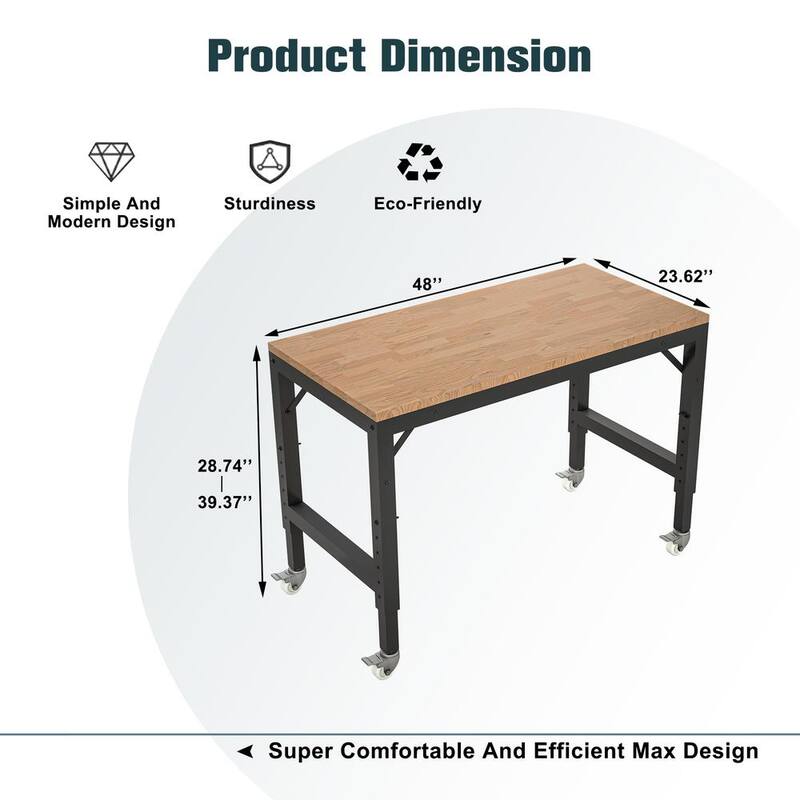 Mesa de trabajo de madera dura ajustable de servicio pesado Thanaddo 48 pulg. de ancho x 23 pulg. de profundidad con ruedas - T48P166997